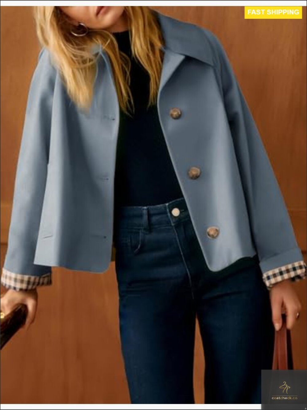 Oversized Trench Coat Plaid Lining Lapel Button Down Casual Crop Jacket Pockets - Picture 2 of 7